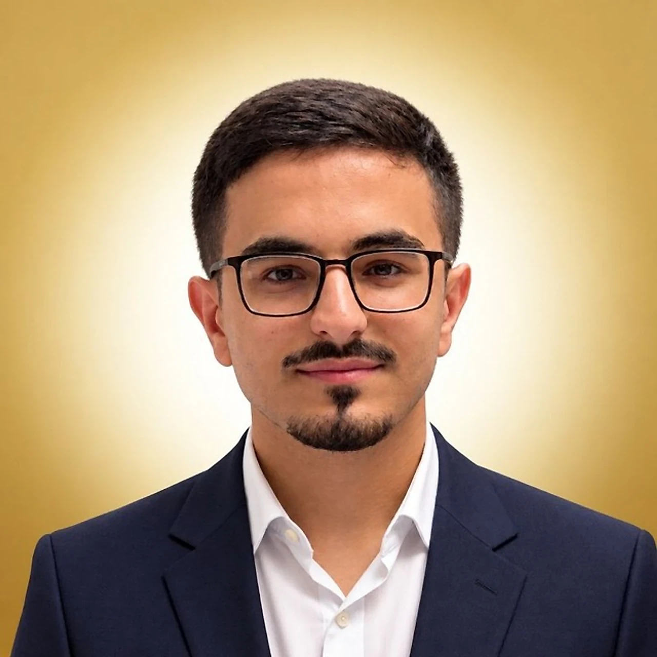 صورة طارق المزيك ببدلة كحلية ونظارة على خلفية ذهبية